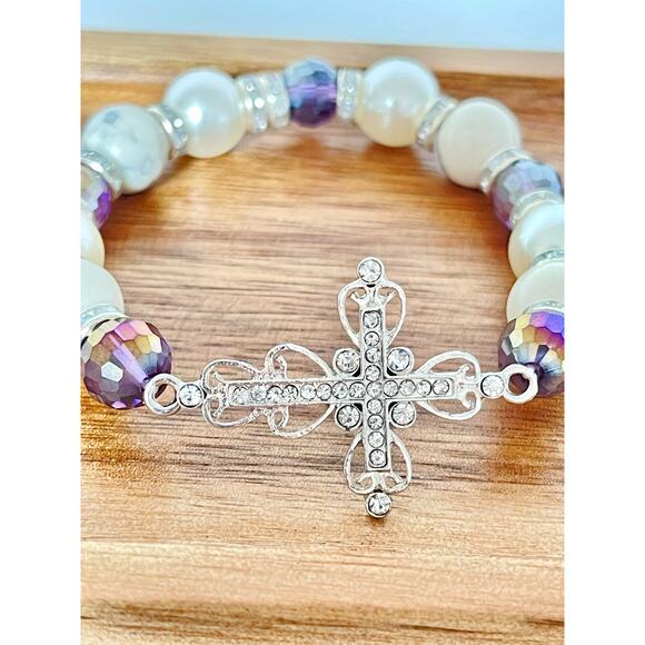 Crystal Cross Pearl Howlite Crystal Bracelet Set - Picture 11 of 12